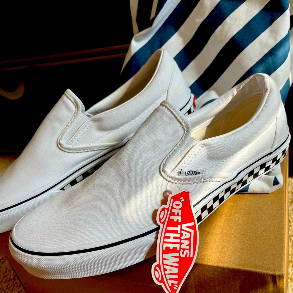 Custom white Canvas Vans slip ons with checkered platform